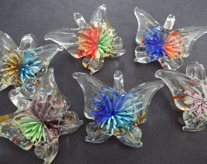 38-45mm Handmade Lampwork Glass Butterfly Pendant, Mixed Color, Beautiful Butterfly Charm, Glass Butterflies, Easter Spring Flower Butterfly