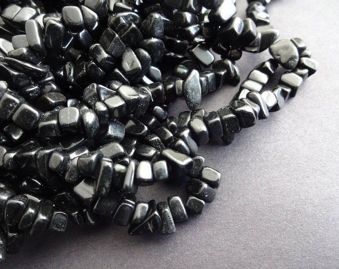 34 Inch Strand Natural Blackstone Chip Beads, Dyed, 8-9mm Nuggets, About 275 Beads Per Strand, Shiny Gemstone, Black Stone