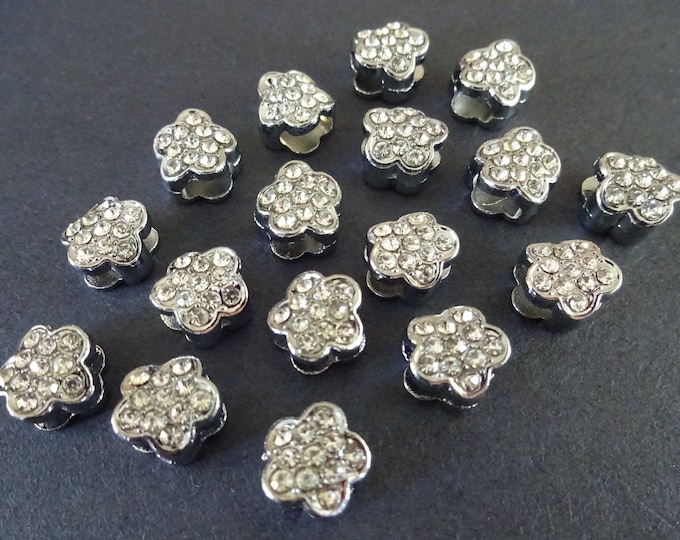 5 PACK OF 10x6.5mm Alloy Metal and Rhinestone Flower Slide Charm, Silver & Clear Glass Rhinestones, Metal Flowers, Sparkly Rhinestone Charms