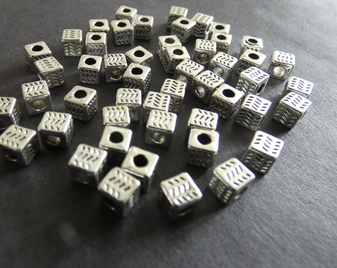 50 PACK 4.5mm Tibetan Silver Cube Beads, Tribal Design, Antiqued Silver Color, Engraved Cube Spacer Bead, 2.5mm Holes, Line Arrow Patterning
