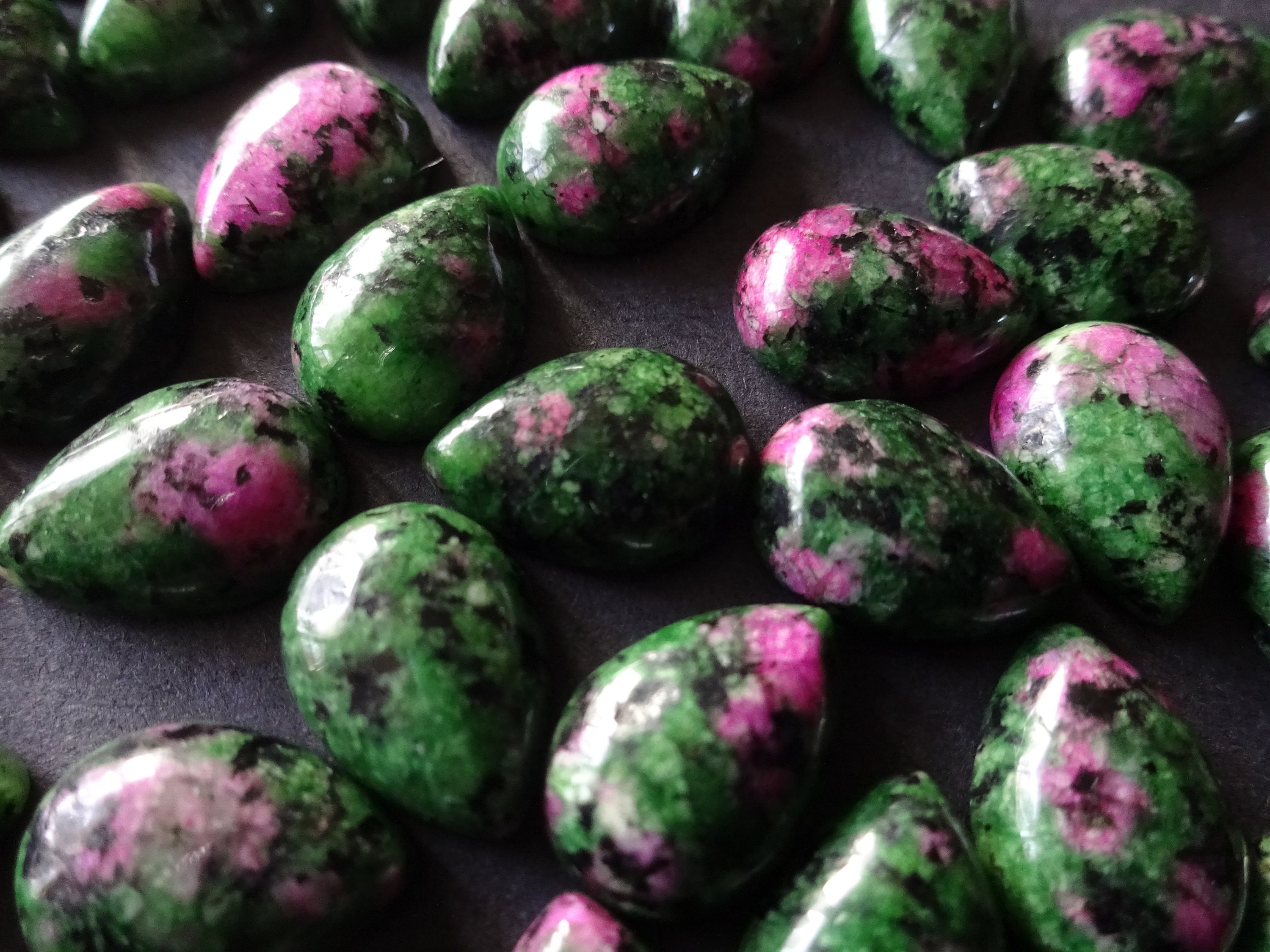 13-14mm Natural Ruby in Zoisite Teardrop Cabochon, Green and Purple