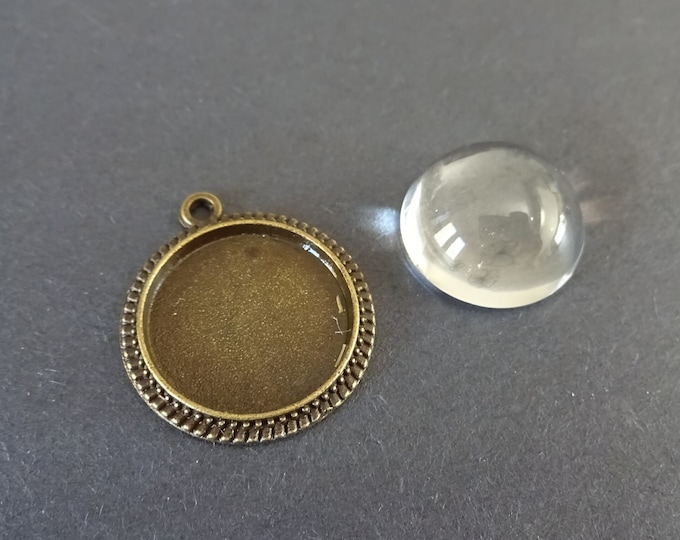 16mm Round Alloy Pendant Setting with Half Round Glass Cabochon, 23x20.5mm Overall Size, Round Setting, Bronze Colored Metal Setting, Glass