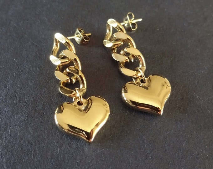 Stainless Steel Gold Curb Chain & Heart Dangle Stud Earrings, Ion Plated, Hypoallergenic, 34x14mm, Set Of Earrings, Heart Chain  Earrings