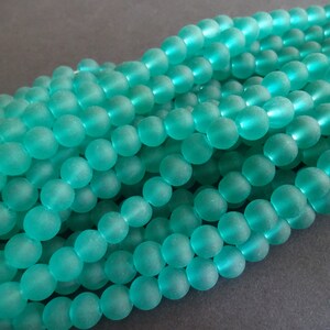 8mm Green Glass Frosted Bead Strand, About 105 Beads Per Strand, Round, 31 Inch Strand, Cool Ball Bead, Sea Green, Teal, Transparent, Basic image 1