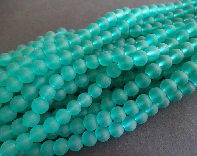 8mm Green Glass Frosted Bead Strand, About 105 Beads Per Strand, Round, 31 Inch Strand, Cool Ball Bead, Sea Green, Teal, Transparent, Basic