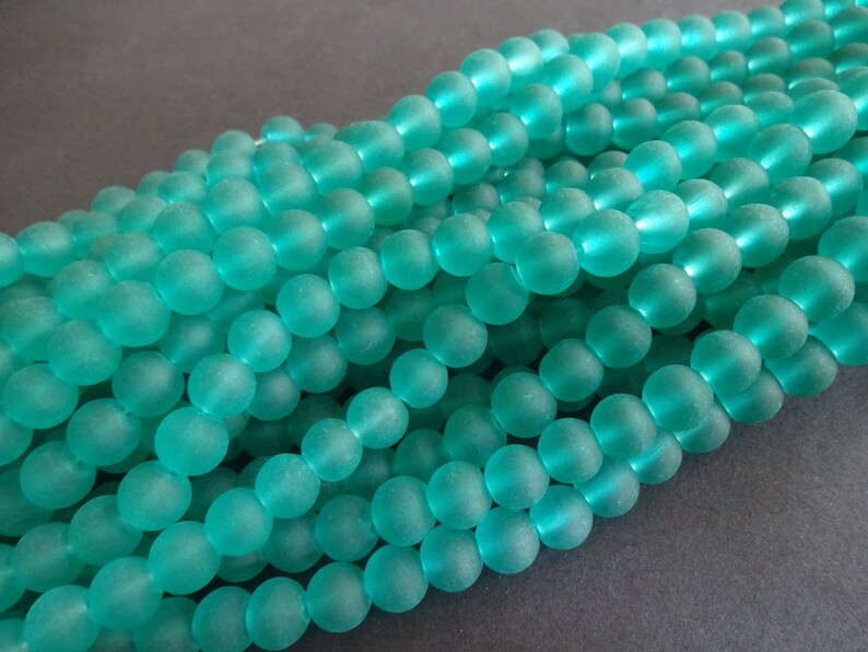 8mm Green Glass Frosted Bead Strand, About 105 Beads Per Strand, Round, 31 Inch Strand, Cool Ball Bead, Sea Green, Teal, Transparent, Basic image 1