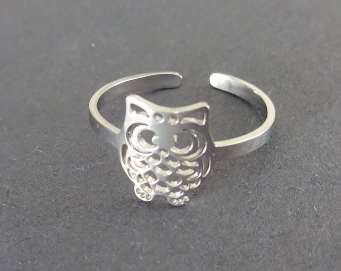 Stainless Steel Silver Owl Ring, Resizable Ring, Detailed Owl Design, Silver Animal Ring, Bird Ring, Great As Halloween Ring, Owl Jewelry