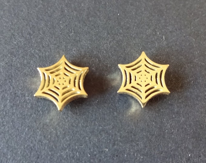 Stainless Steel Gold Spider Web Stud Earrings, Hypoallergenic, Halloween Earrings, Set Of Earrings, 11x9.5mm, Halloween Jewelry, Web Studs