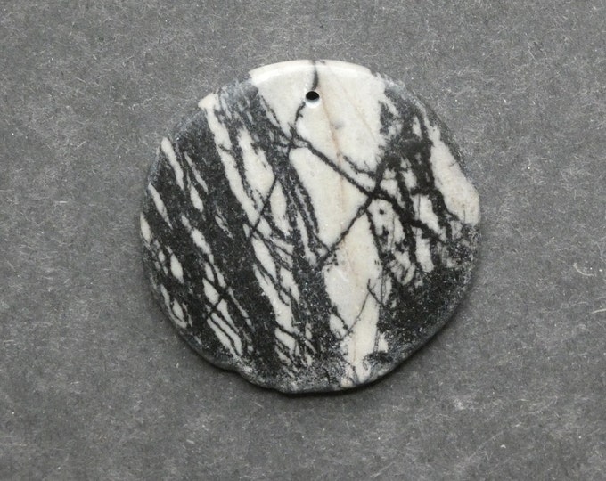 45x6mm Natural Black Silk Stone Pendant, Netstone Pendant, Black and Gray, Large Round Gemstone Pendant, One of a Kind, Unique Silk Stone