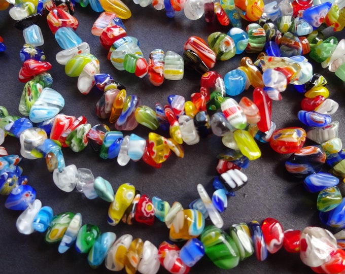 15 Inch 4-7mm Glass Millefiori Chip Bead Strand, About 100 Glass Beads, Mixed Lot, Multicolor Bead, Flower Bead, Small Chip Bead, 1mm Hole