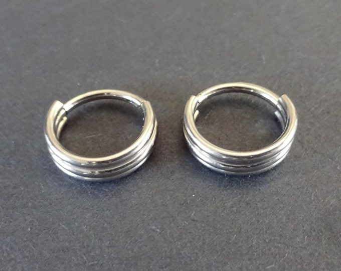 Stainless Steel Silver Chunky Huggie Hoop Earrings, Hypoallergenic, Silver Round Huggie Hoops, Set Of Earrings, 12x3.5mm, Lined Chunky Hoops