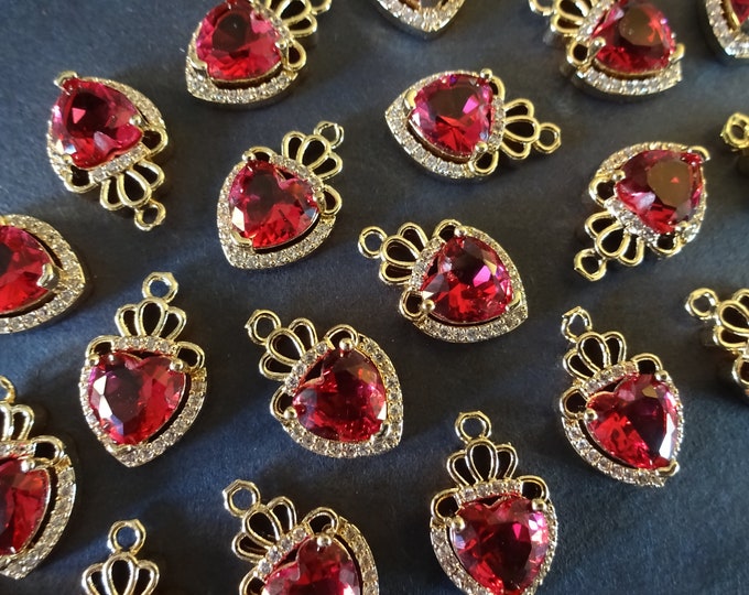 21x11mm Cubic Zirconia & Rhinestone Charm With Brass Metal, Light Gold, Heart and Crown Charm, Deep Red Faceted Heart and Cubic Zirconia