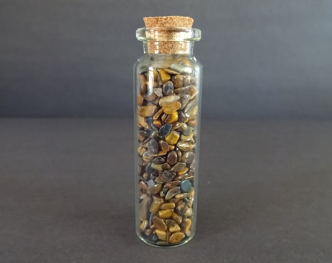 Glass Crystal Chip Jar with Tiger Eye, Golden Brown Gems, 22x71mm Glass Jar, Decoration or Pendant Piece, Cork Stopper, Wishing Bottle
