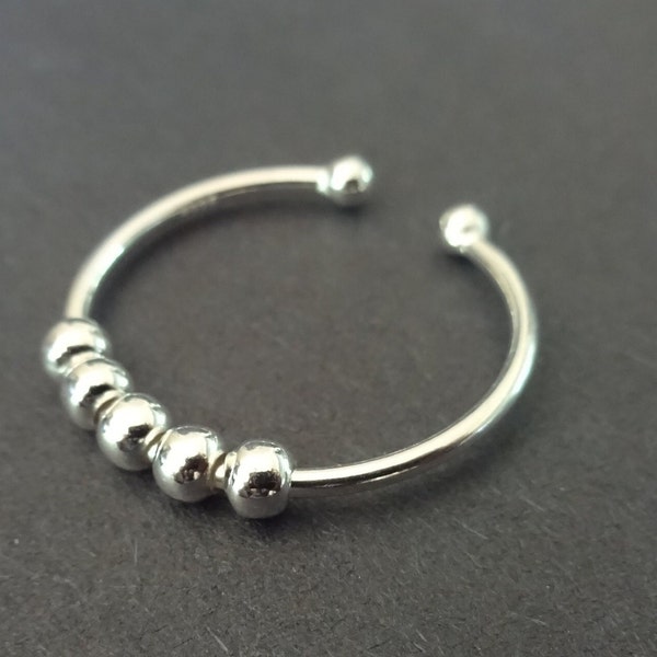 925 Sterling Silver Adjustable Anxiety Ring, Decompression Ring, Silver Fidget Ring, Stylish Shiny Silver Band, 5 Moveable Ball Beads