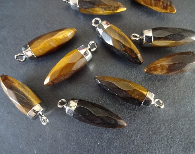25-27mm Natural Tiger Eye Pendant, Brass Finding, Faceted Bullet, Polished, Gemstone Jewelry Pendant, Silver Color Metal, Crystal Charm