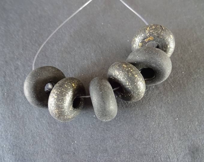 Strand Of 18mm Clay Donut Beads, Black and Gold Bead, 6 Beads Per Strand, 5mm Large Hole, Large Clay Focal Charm Bead