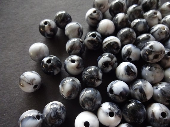 10mm Acrylic Black Marble Ball Beads, Swirled Marbled Pattern, 2mm Holes,  Round Spacer, Fun Jewelry Making, Classic Black and White 