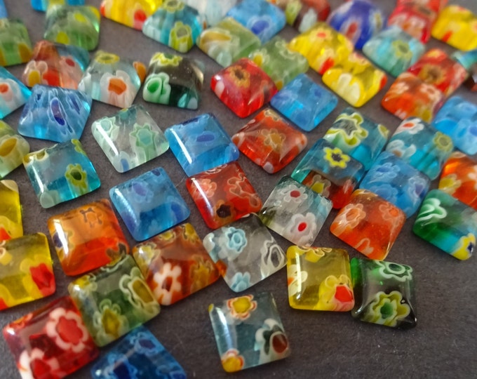 PACK Of 6x6mm Millefiori Glass Square Cabochons, Millefiori Squares, Flower Design, Mixed Color, Glass Jewelry Making, Floral Millefiori Cab