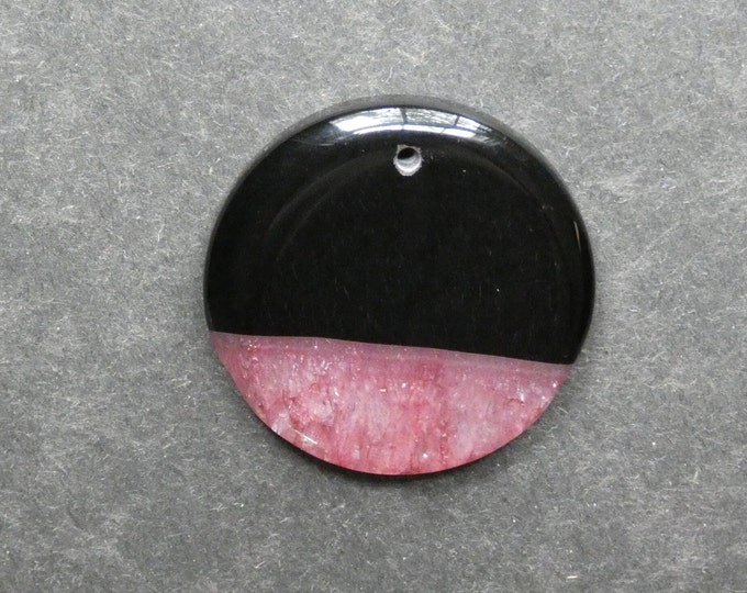 37x6mm Natural Crackle Agate Pendant, Gemstone Pendant, Black and Pink, Dyed, Large Round Pendant, One of a Kind, Only One Available,Unique