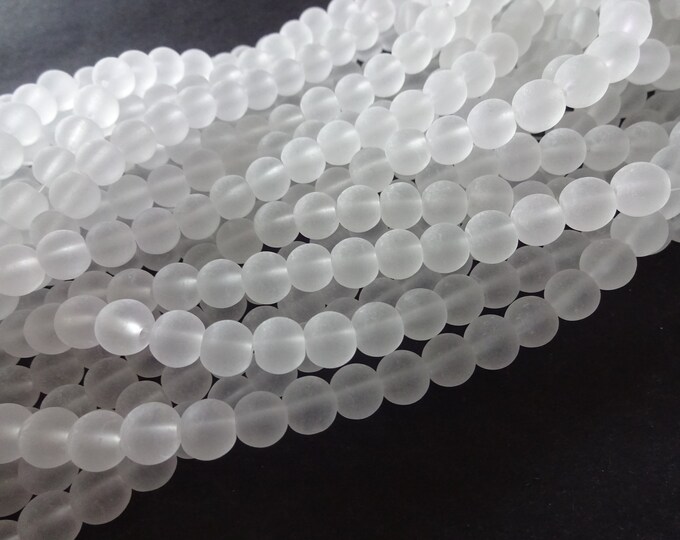8mm White Glass Frosted Bead Strand, About 105 Beads Per Strand, 31 Inch Strand, White 8mm Ball Bead, Round, Semi Translucent, Basic