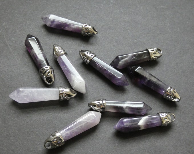 33-40mm Natural Amethyst Pendant, Brass Finding, Faceted Bullet, Polished, Gemstone Jewelry Pendant, Purple & Silver Color, Crystal Charms