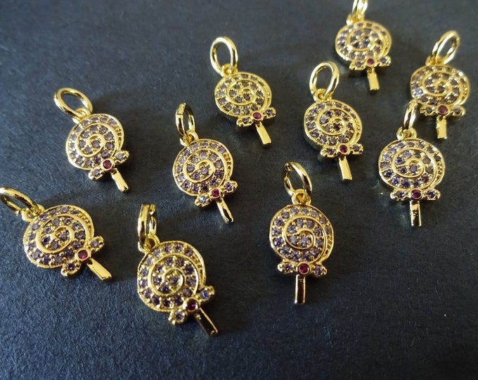 13x7mm Cubic Zirconia Micro Pave Brass Lollipop Charms, With Loops, Gold Lollipop Candy, Clear Color Rhinestones, Small Sparkly Pendants