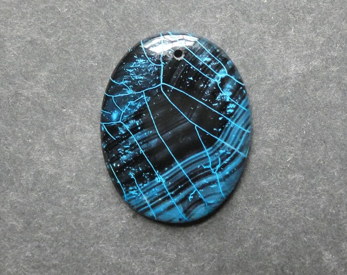 43x34mm Natural Fire Agate Pendant, Large Oval Pendant, Blue & Black, Dyed, Gemstone Pendant, One of a Kind, Only One Available,Unique Agate