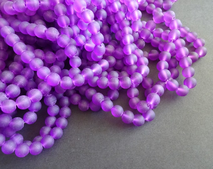 8mm Bright Purple Glass Frosted Ball Bead Strand, About 105 Beads Per Strand, Round, 31 Inch Strand, Transparent Purple Spacer Bead