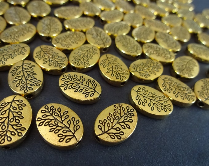 14x10mm Alloy Metal Oval Bead With Leaf Design, Antique Gold Color, Tibetan Style Metal Spacer, Gold Branch Bead, Flat Ovals With Leaves
