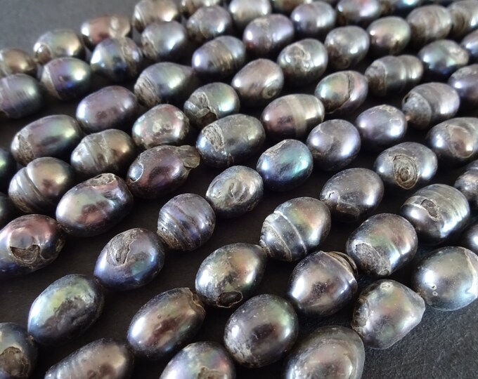 15 Inch 7-13mm Natural Freshwater Pearl Bead Strand, About 32 Beads, Dark Blue Color, Rounded Rice Shape, Oval Pearls, Pearl Jewelry