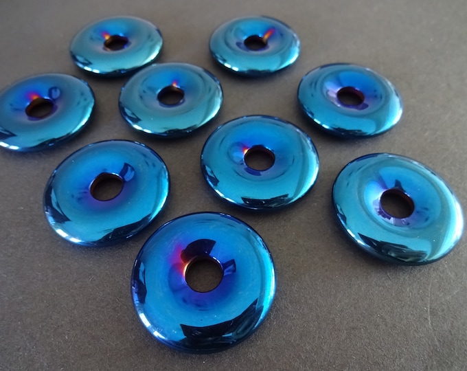 30x6mm Synthetic Hematite Donut, Metallic Blue Finish, Non Magnetic, Polished Metallic Necklace Stone Disc, Round Wire Wrapping Component