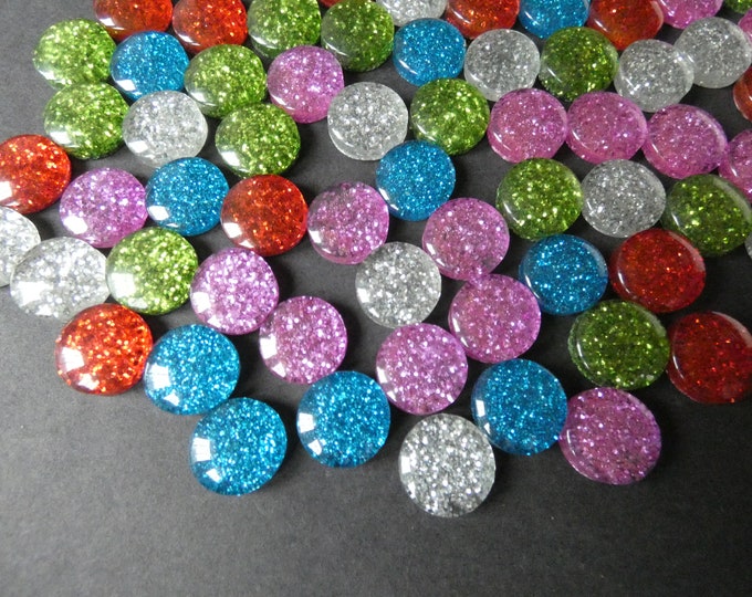 13.5-14mm Glittery Resin Cabochon, Flat Round Cabochon, Mixed Color Cab Set, Bright Colorful Jewelry Cabs, Glitter Cabochon, Undrilled