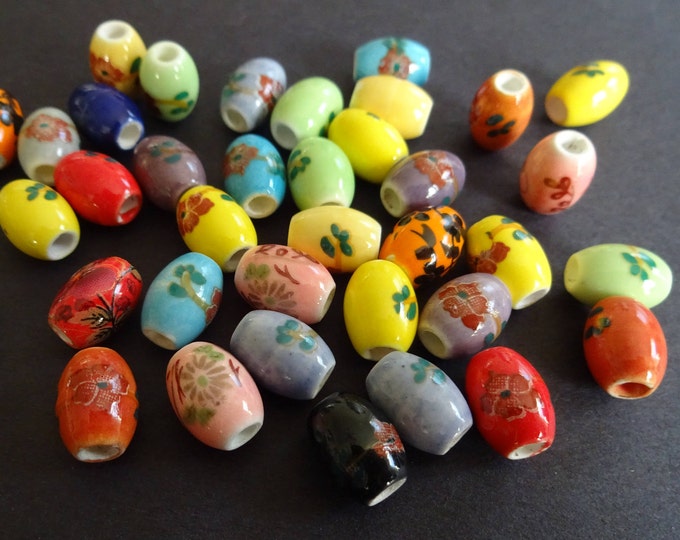10.5x8mm Porcelain Floral Barrel Beads, Hand Painted Barrel Bead, Porcelain Flower Beads, Handcrafted Bead, Painted Oval Bead, Mixed Lot