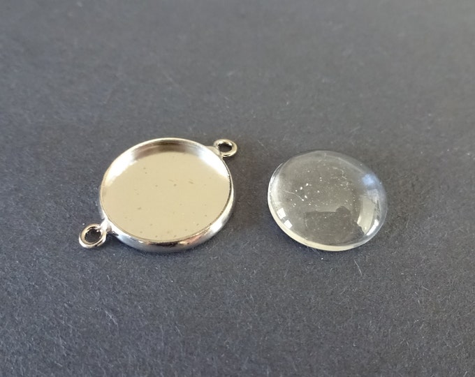 Pack of 14mm Round Brass Pendant Setting with Half Round Glass Cabochon, 21.5x16x2.5mm Overall Size, Round Setting, Silver Colored Setting