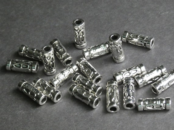 10 PACK 13mm Etched Metal Tube Beads, Etched Design, Antiqued Silver Color,  Cylinder Engraved Tube Beads, 2.5mm Hole, Modern Style 