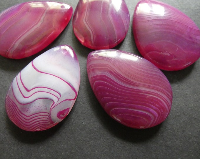 40-44.5mm Natural Striped Agate Pendant, Dyed, Pink & White Drilled Cab, Polished, Gemstone Jewelry Pendant, 2mm Hole, Pink Agate Charm