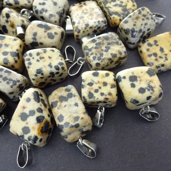 15-35mm Natural Dalmation Jasper Pendant With Stainless Steel Snap On Bail, Crystal Charm, Polished, Gemstone Pendant, Beige, Black & Silver