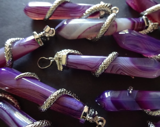 60mm Natural Purple Agate Snake Pendant, Dyed, Brass Finding, Faceted Bullet, Polished, Gemstone Jewelry Pendant, Crystal Charm, Agate Charm