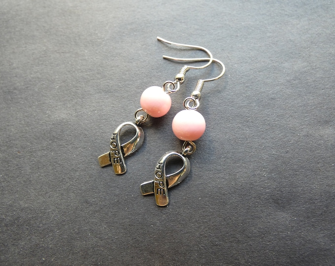 Glass & Metal Hope Earrings, Glass Ball Bead, Alloy Metal Charm, Brass Hooks, 5 Colors, Silver Breast Cancer Awareness Ribbon, Survivor