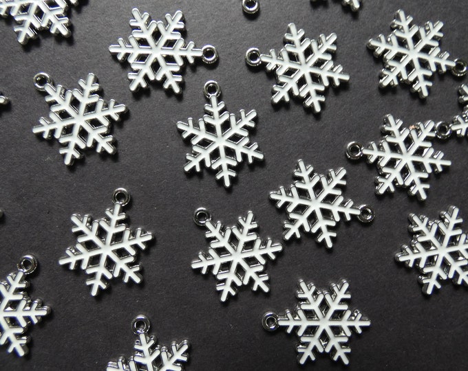 25mm Snowflake Enamel & Alloy Metal Charm, Classic Christmas Pendant, Christmas Charm, Metal Winter Charm, Silver and White, Snowflake Charm