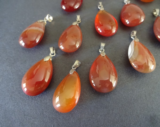 24x15mm Natural Carnelian Pendant, Dyed, Drilled, Teardrop Gemstone Charm, Polished Gem, Agate Drop, 4-4.5mm Hole, Fashion Charm, Orange-Red