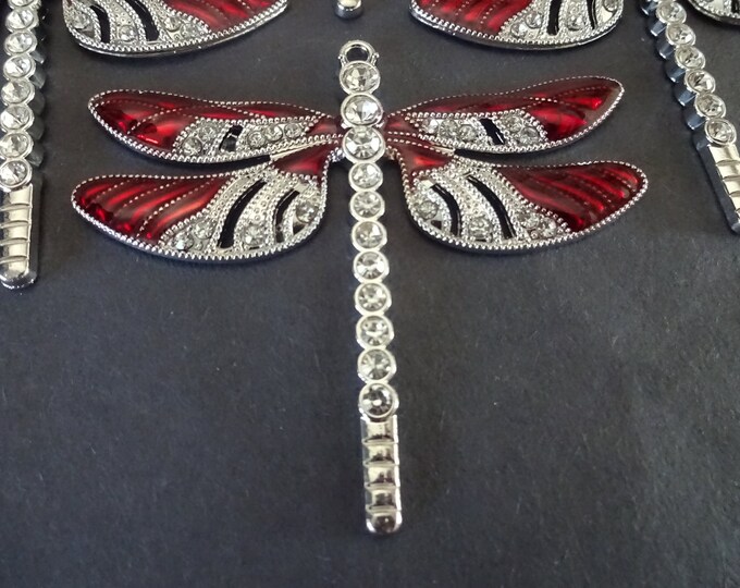 57x64mm Rhinestone & Metal Dragonfly Pendant, Silver With Clear Rhinestones, Red Enamel, Dragonfly Jewelry, Large Dragonfly Charm