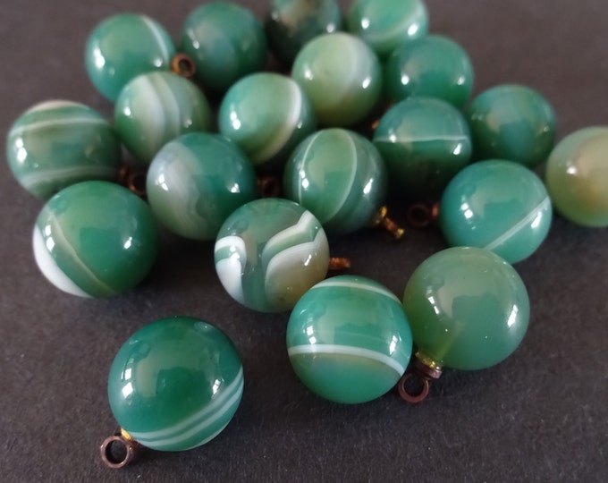 14x10.5mm Natural Green Agate Ball Charm With Brass Loop, Polished Gem, Gemstone Pendant, White, Green & Gold Color Loop, Ball Bead Charm