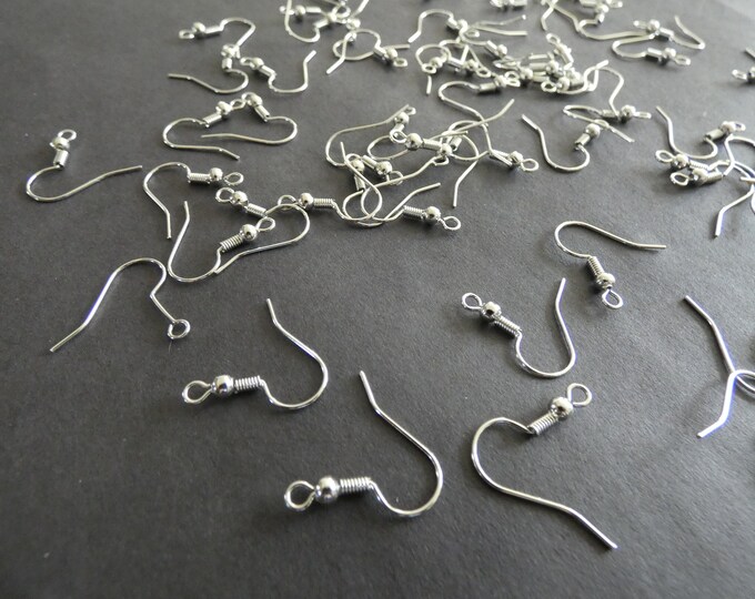 100 PIECE PACK 19mm Brass Earring Hooks, Platinum Silver Color, Fishhook Earrings, .7mm Pin, 1.5 mm Hole, Earring Making, Basic Ear Hook