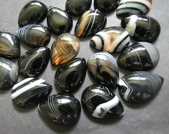 25x18mm Natural Black Agate Cabochon, Dyed, Teardrop Shape, Polished Gem, Striped Agate Gemstone, Natural Stone, Black & White Agate Cab