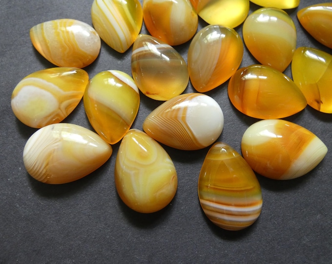 25x18mm Natural Agate Cabochon, Dyed, Teardrop Shape, Polished Gem, Yellow Orange Striped Agate Gemstone, Natural Stone, Orange Agate Cab