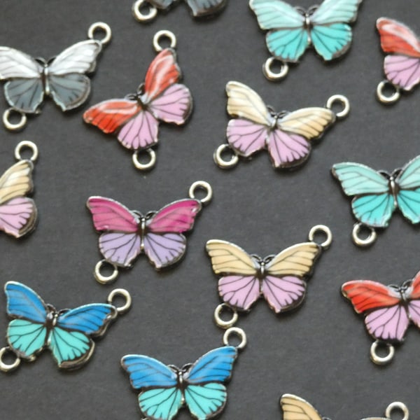 10 PACK of 20.5mm Mixed Color Butterfly Link Beads, Alloy Enamel Links, Multicolor Charms, Animal, Cute Butterfly, Rainbow, Colorful