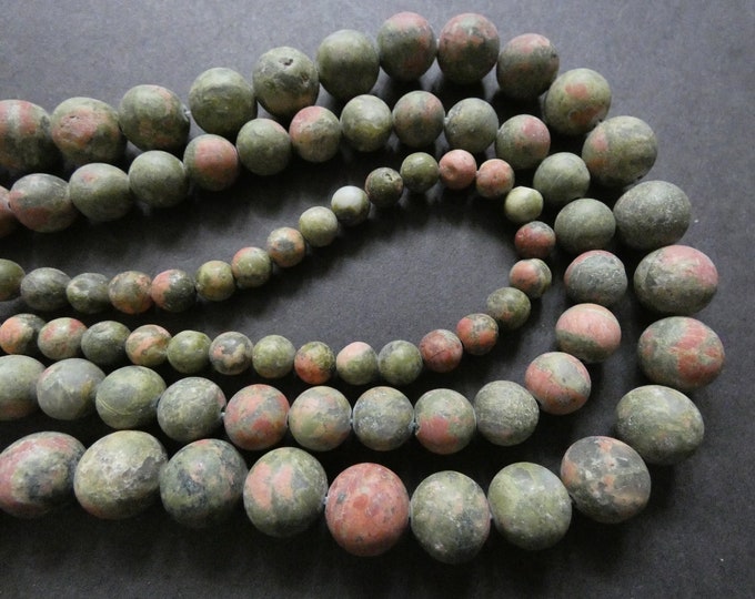 15.5 Inch 6-10mm Natural Unakite Bead Strand, About 36-63 Frosted Stone Ball Beads, Unfinished Gemstone,  Drilled Green and Pink Bead