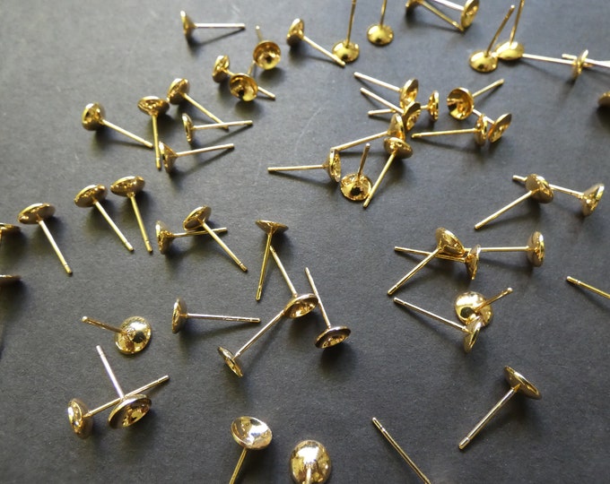 6mm Gold Plated Brass Stud Earring Settings, Fits 6mm Round Stone, Gold Stud Posts, .8mm Pin, Ear Posts, Flat Round Studs, Earring Making