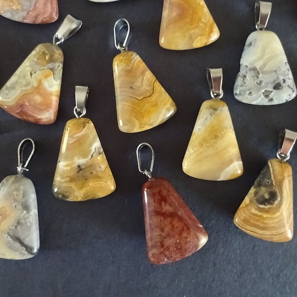 25x17mm Natural Crazy Agate Trapezoid With Stainless Steel Bail, Column Pendant, Polished Gemstone Jewelry, Brown & Beige, Stone Charm